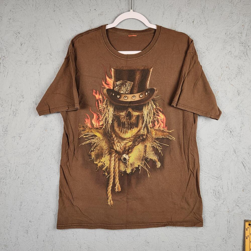 Scarecrow Skull Top Hat Shirt Mens Large Brown Flaming Horror Graphic Scary Y2k